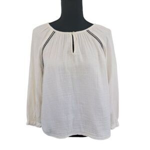 Old Navy Embroidered Stitch Boho Lagenlook Cottage Blouse Cream Longsleeve‎ Top